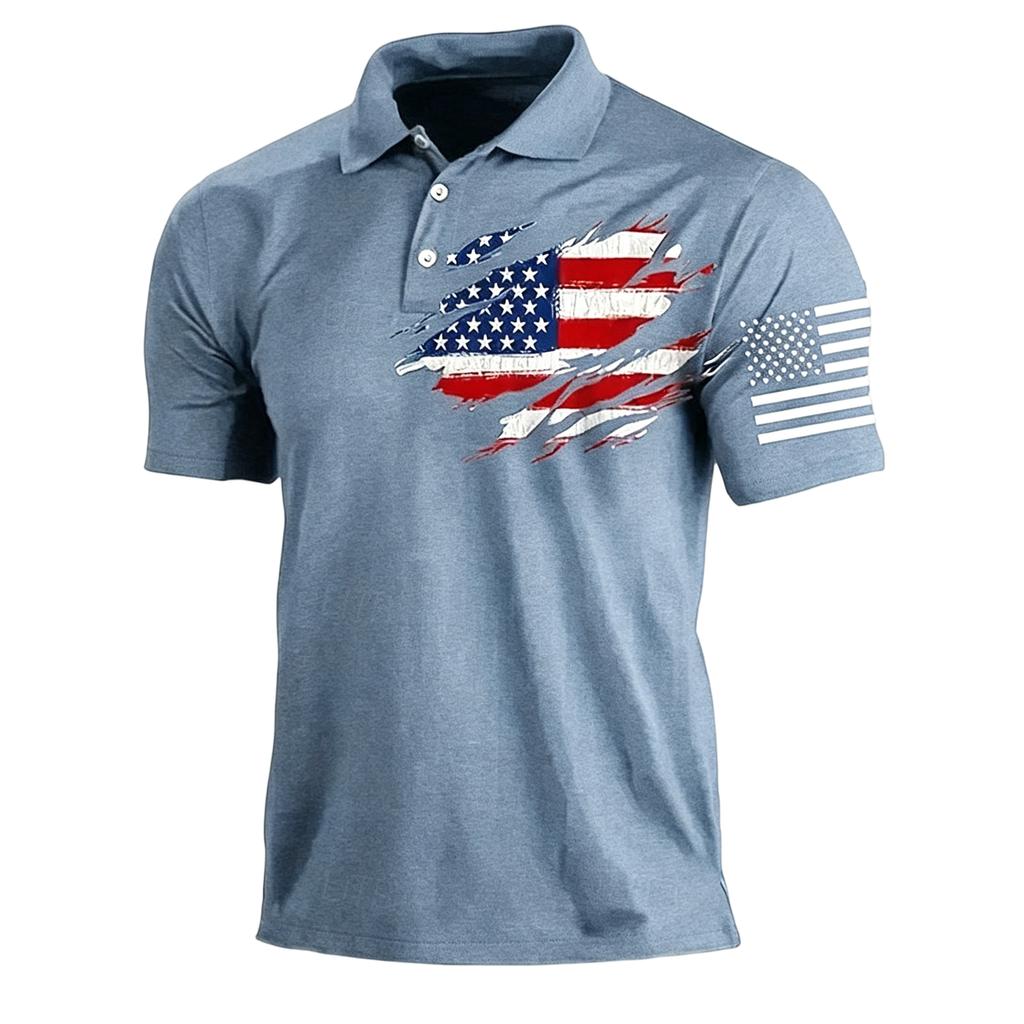 Men’s Casual Polo Shirt Short Sleeve with Flag Print Turn Down Collar Classic Fit for Everyday Wear Outdoor Activities