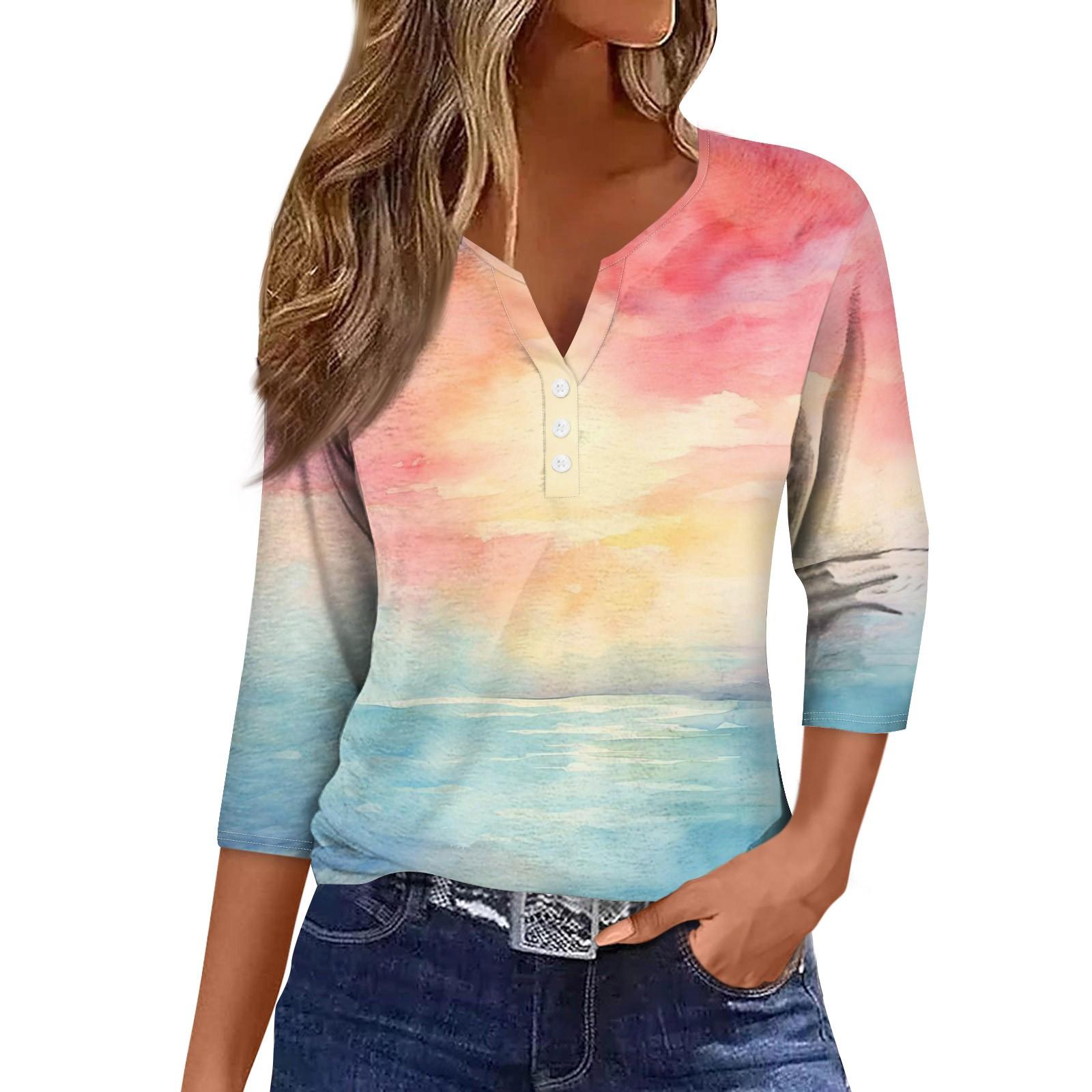 

Женская модная повседневная футболка с коротким рукавом и V-образным вырезом, декоративными пуговицами и рукавом три четверти XXXL винный