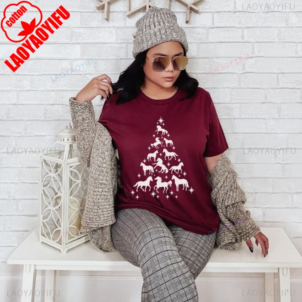 Horse Christmas Tree TShirt Horse Trainer Gift Equestrian TShirt Horses Lover Tee Unisex Women Fashion Casual Cotton Short Sleeve