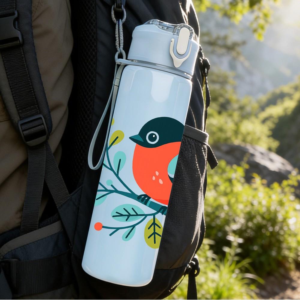 1PC Floral Red Bird Art 750ml Color Plastic Sports Water Bottle Leakproof Flip Straw Lid Suitable for Sports Office Home Use