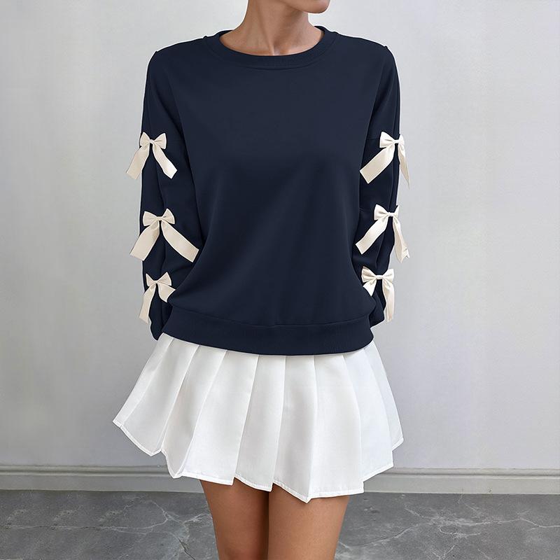 2025 Autumn Winter Women's Red Christmas Sweatshirt Sweet Style Round Neck Bowknot Pullover Top for Women
