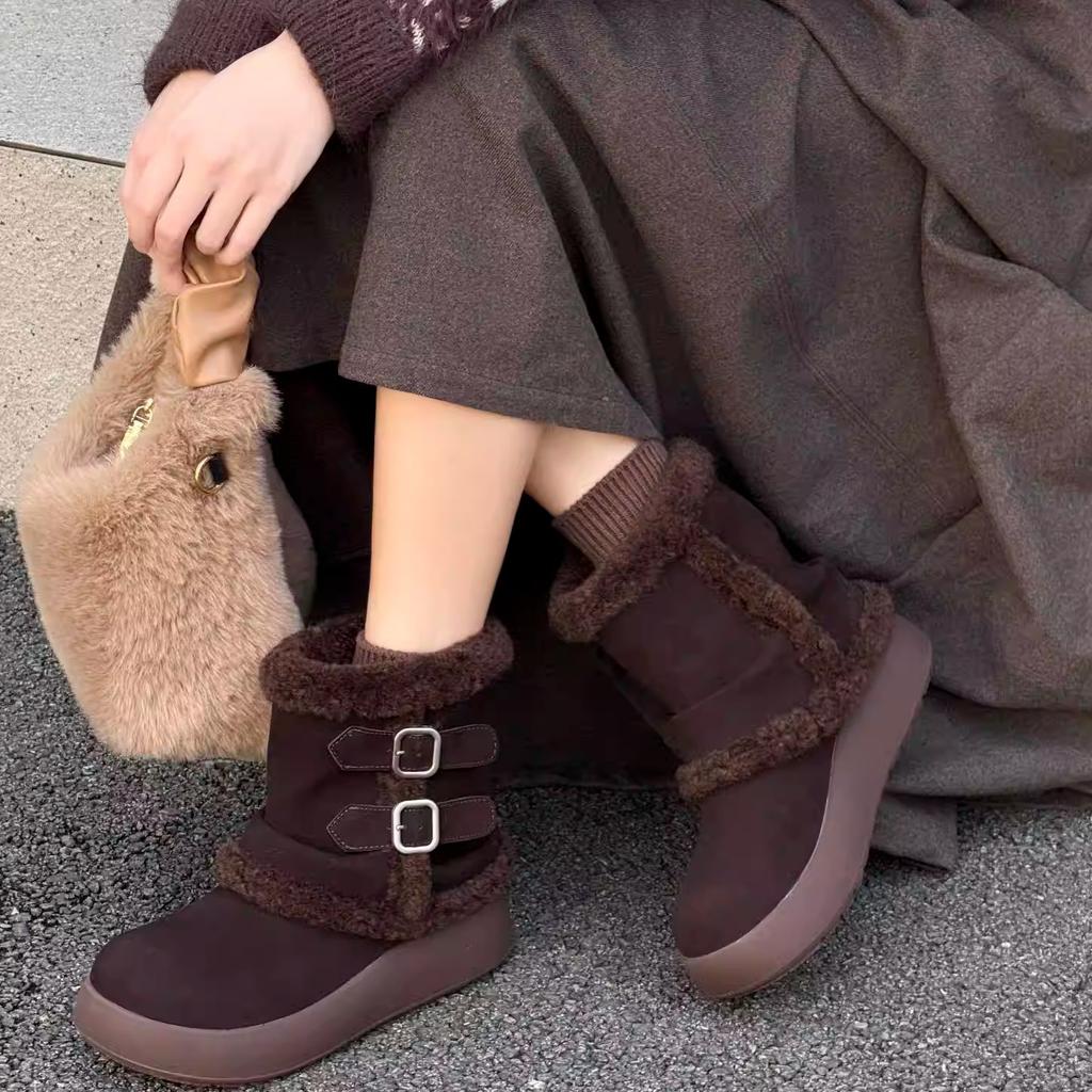 Thick-soled Medium Tube Snow Boots Women's 2025 Autumn and Winter New Altay Fur Integrated Plush Warm Wool Cotton Shoes