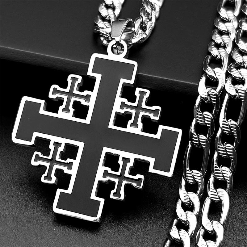 Křesťanský černý smaltovaný jeruzalémský kříž přívěsek náhrdelník pro muže nerezová ocel zlatá barva Hip Hop řetízek amulet šperky dárek