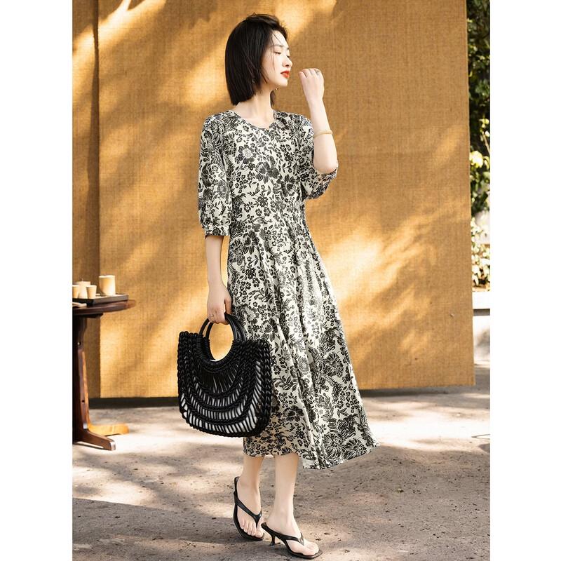 Demana Women's Retro Printed Satin Midi Dress