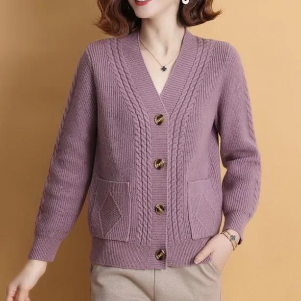 Women's Autumn Loose and Thick Knitted Cardigan, Middle-aged Mother's Simple and Elegant Sweater Jacket