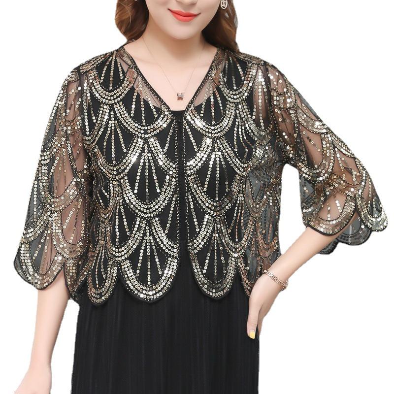 Trendy European & American Mid-Sleeve Sequin Beaded Shawl Jacket for Women