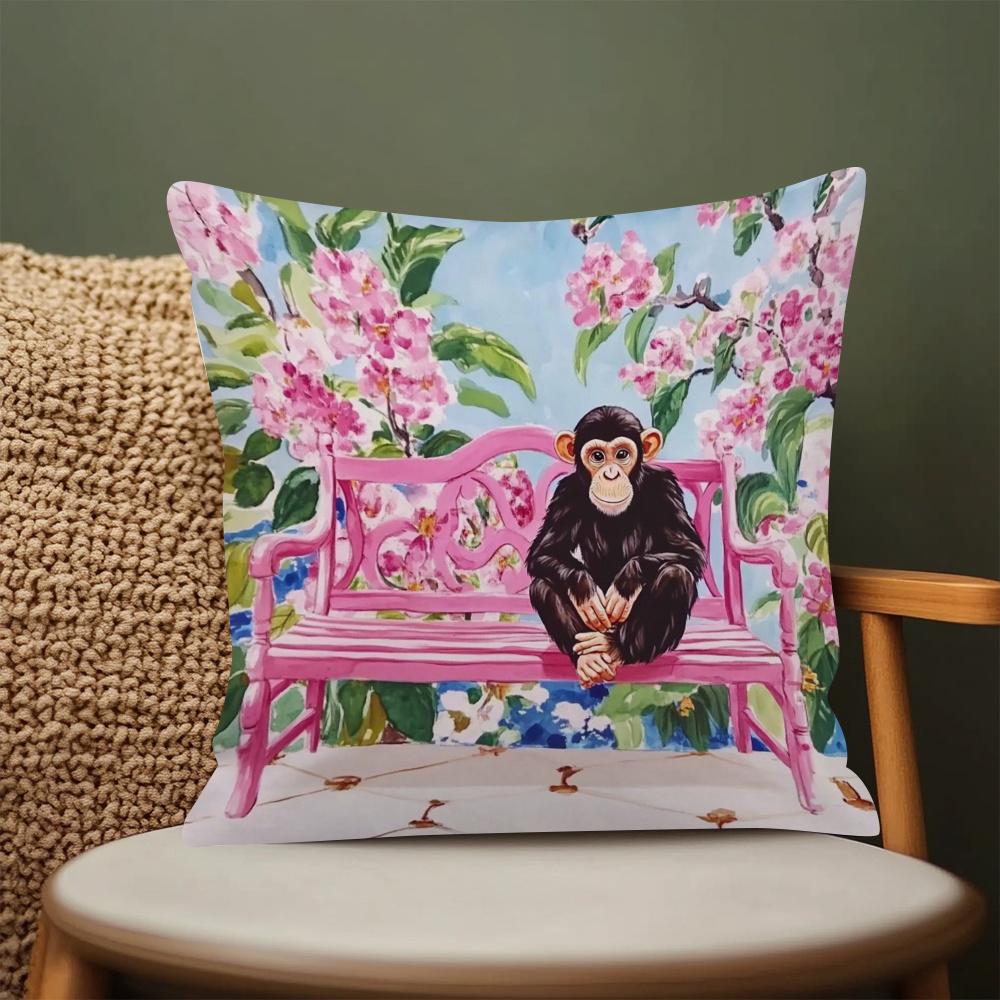 1pc Bohemian Monkey Pillow Cover, 45.01 X 45.01cm, Hand Washable Floral Polyester Pillow Cover with Zipper - Bohemian Style Decor for Sofa, Couch, Bed