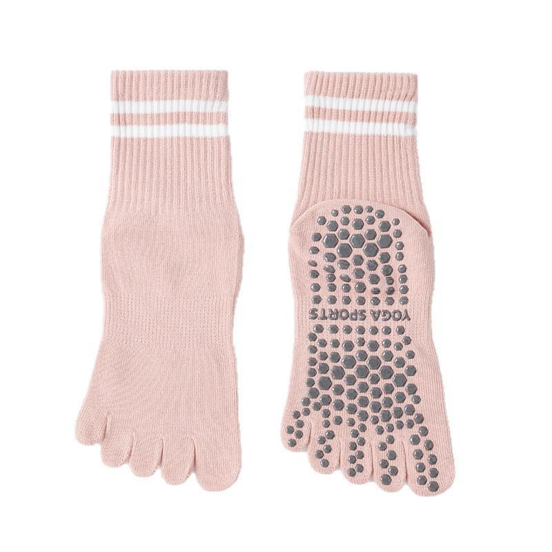 Women Striped Mid Calf Five Toe Yoga Socks Non Slip Silicone Sole Breathable Pilates Socks for Fitness Dance