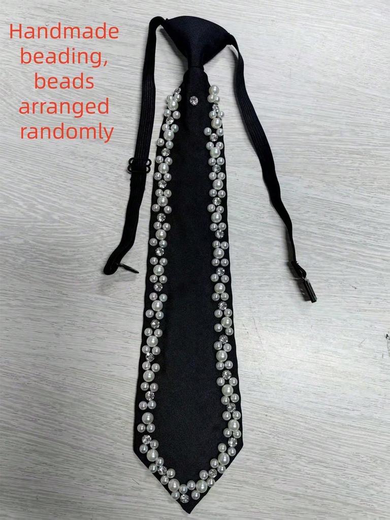 1pc Elegant Women's Pearl Necktie, Handmade Pearl Decorated Tie, Adjustable Silk Pre-Tied Necktie, Suitable For Formal Occasions