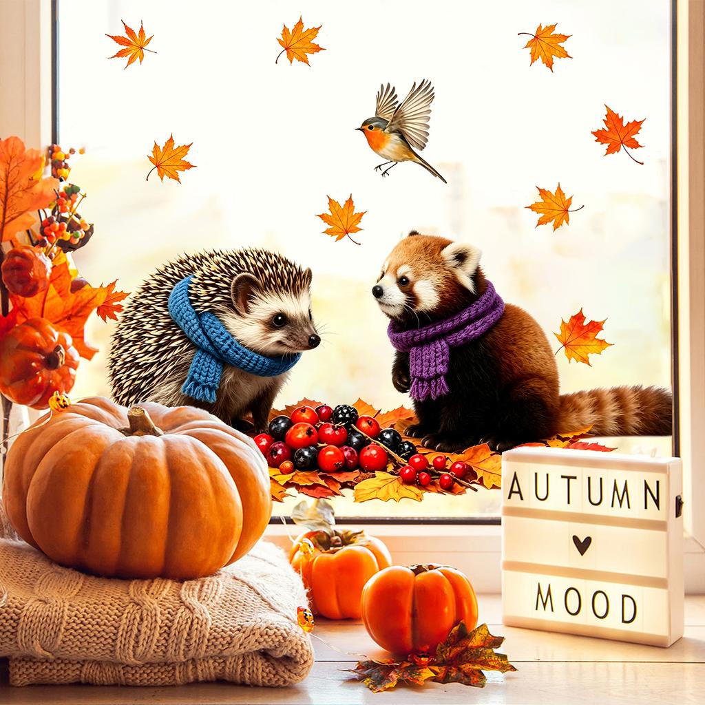 Autumn-themed Animal Window Stickers Featuring Otters, Squirrels, Hedgehogs and Red Pandas for Children's Room