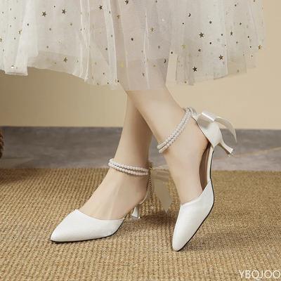New Bow High Heels Ladies One Button Hollow Sandal Sharp Pointed Elegant Women's Pumps Baotou Sandals Mujer Zapatos