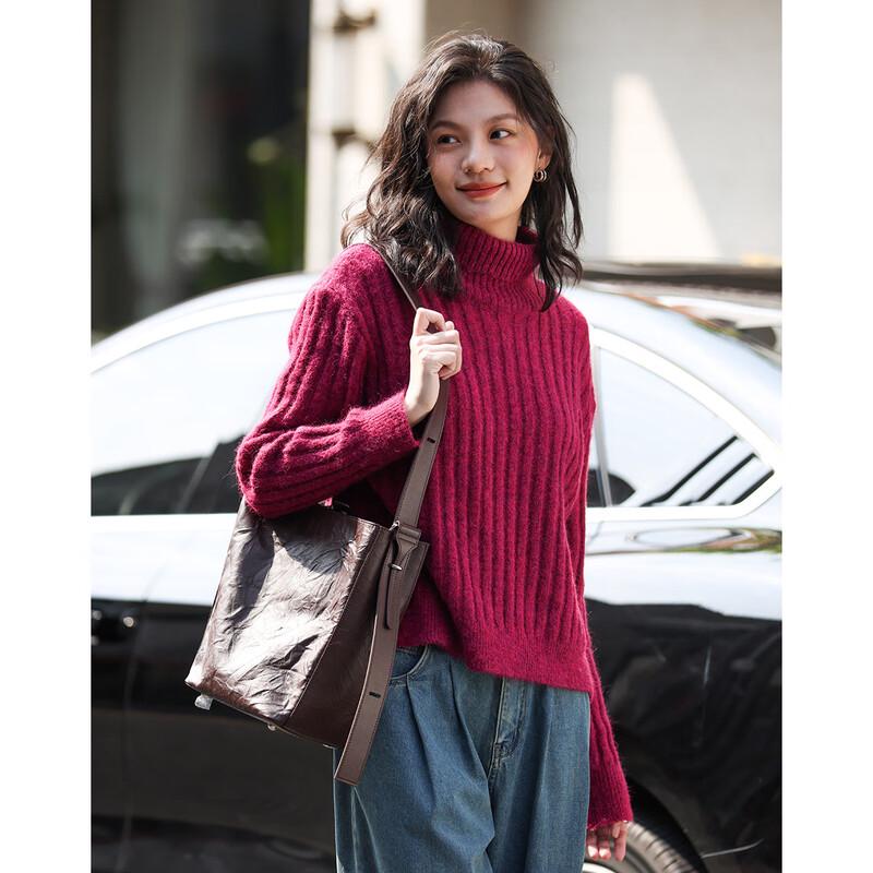 Demana Wine-Stained Bayberry High-Neck Knit Sweater