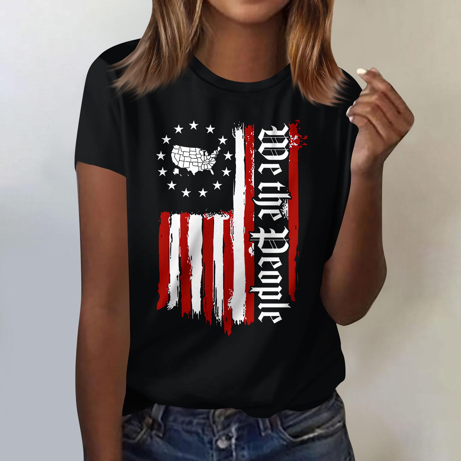 

Женская повседневная футболка с принтом в честь Дня независимости, пуловер с круглым вырезом, топ с короткими рукавами L чёрный