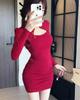 Spring Elegant Long Sleeve Button-Up Cheongsam-Inspired Dress - Pleated, Waist-Cinched, Hip-Hugging Short Skirt for Women