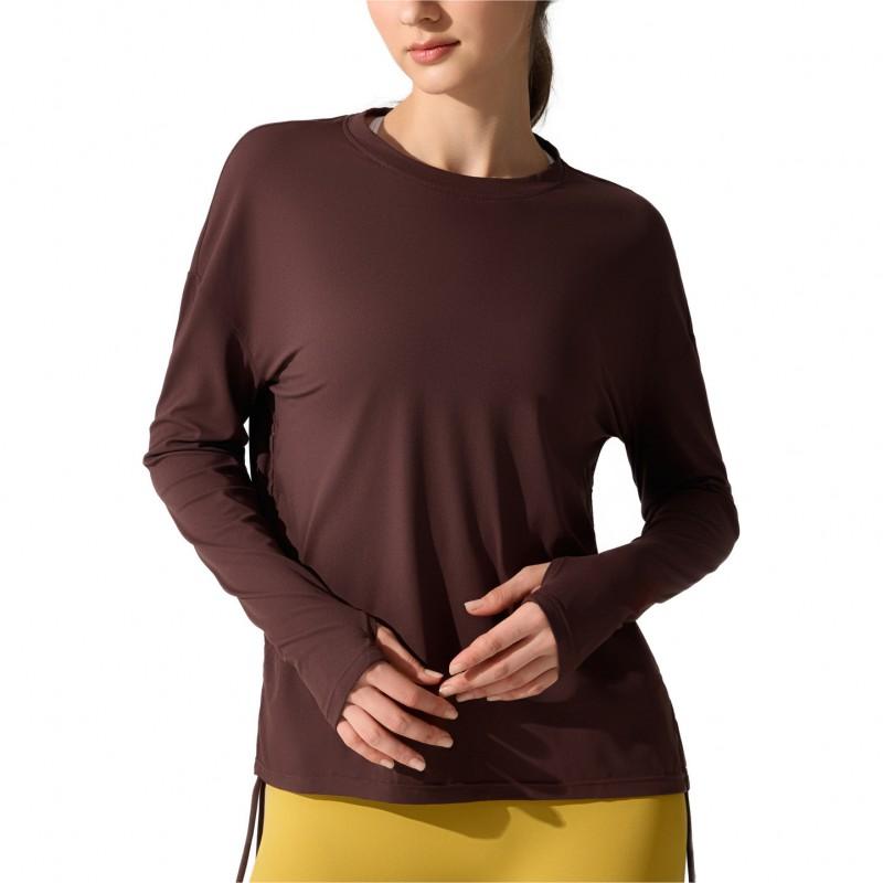 Womens Long Sleeve Workout Top With Drawstring Waist Breathable Quick-Dry Fitness Tee Running Yoga Casual Wear