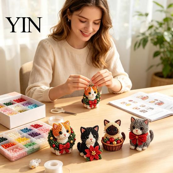 Kleberloses Perlen-Set 3D Perlen-DIY-Set, Lebensechtes Weihnachtstier-Bastelset, Perlenkatze Handgemachtes Einfaches Stickset für Kinder und Erwachsene Festlicher Feiertag