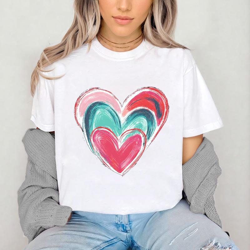 2026 New Girl's Colorful Love Printed Cotton Adult and Children's Couple T-shirt Summer Fashion Loose Sports Daily Short Sleeve