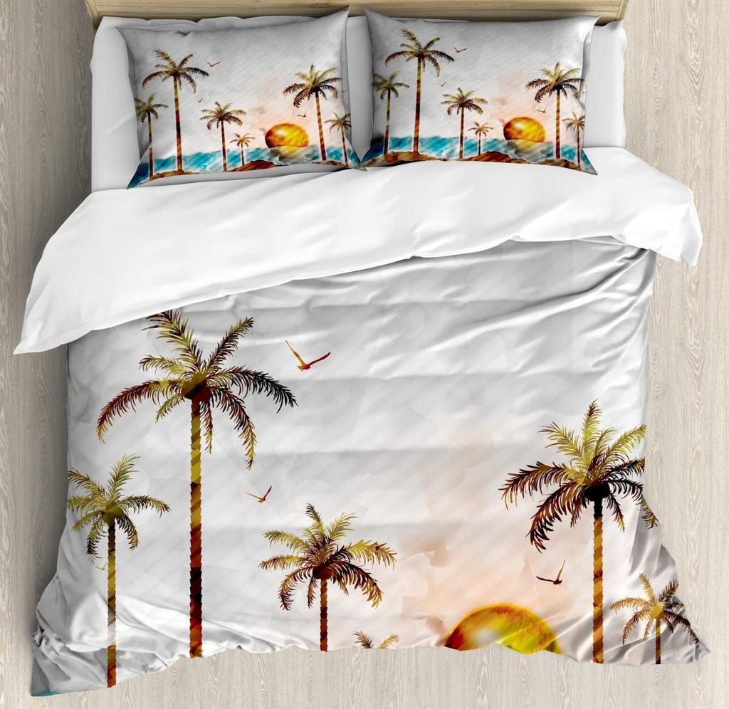 Comforter Coconut Trees Vintage Red Flower Hawaiian Tropical Leaves Comforter Palm Tree Bedding Set With