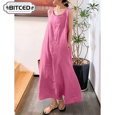 Women's Fashion Summer Spring Solid Color Print Sleeveless O-Neck Casual Dresses