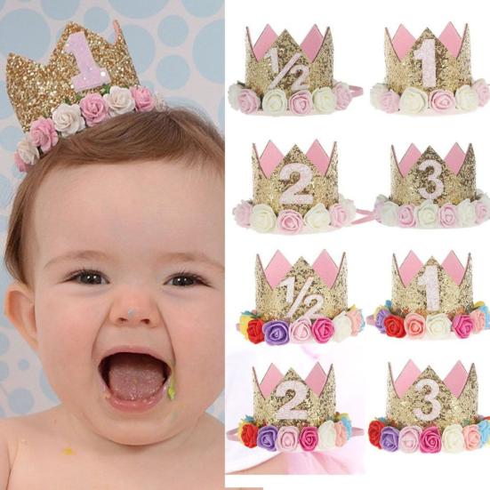 Baby Girl Crown Letter Shiny Sequins Flower Headwear Birthday Festival Headband