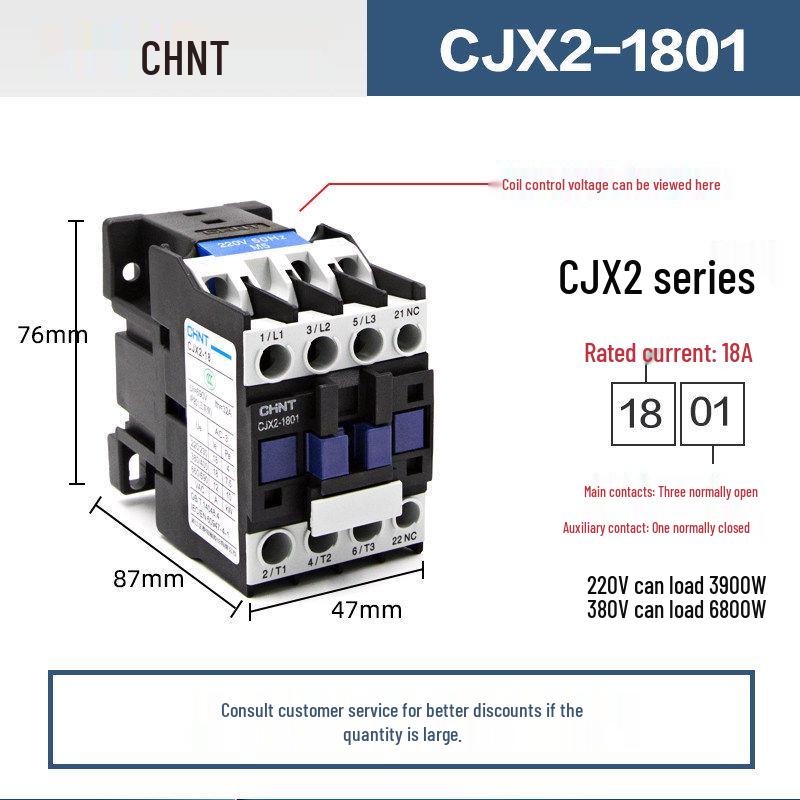 Chint Three-Phase AC Contactor CJX2 Series, 220V/380V, Models: 0910, 1210, 1810, 2510