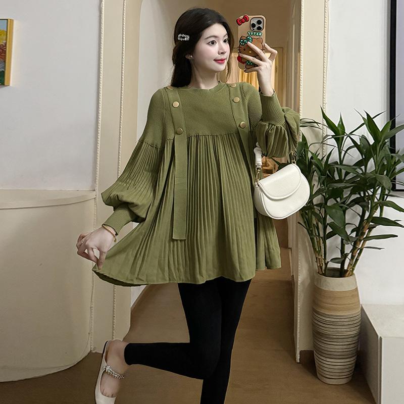 2026 Spring Korean Knit Patchwork Lantern Sleeve Maternity Pleated Skirt 2XL