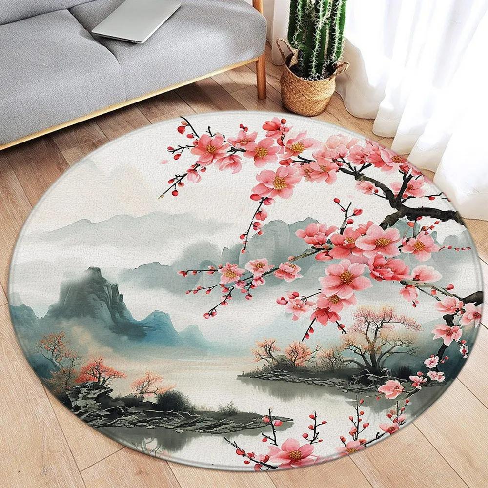 Lotus Flower Koi Cherry Blossom Chinese Style Round Carpet Peacock Butterfly Circular Floor Mat Living Room Bedroom Decor Rugs