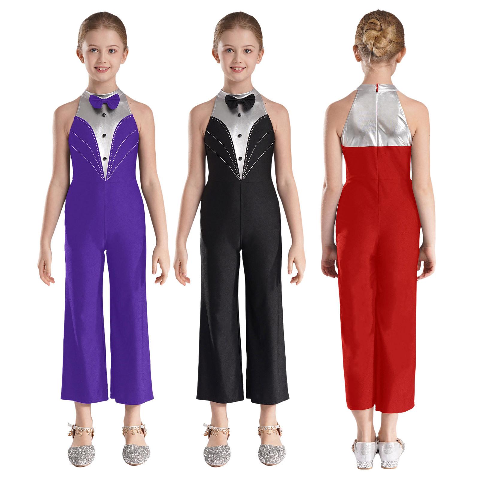 

Girls Metallic Patchwork Jumpsuit Sleeveless Rhinestone Color Block Bodysuit for Jazz Dance Competitions 5-6 Years червоний