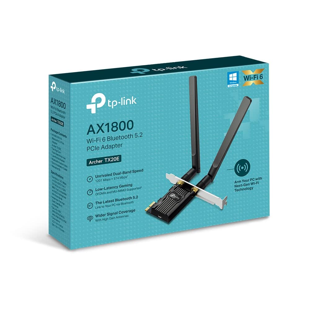 TP-Link WiFi Wireless LAN PCIe AX1800 Adapter Archer TX20E, WiFi 6 compatible, Bluetooth 5.2, 802.11 axacabgn compatible, Windows 1011 (64-bit) only,