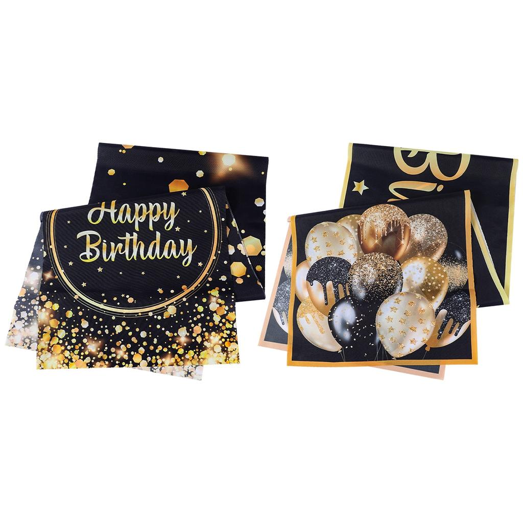 Happy Birthday Table Runner Birthday Party Decorations Black Gold Balloon Print Table Cover for Kids Adults Bithday Table Decor