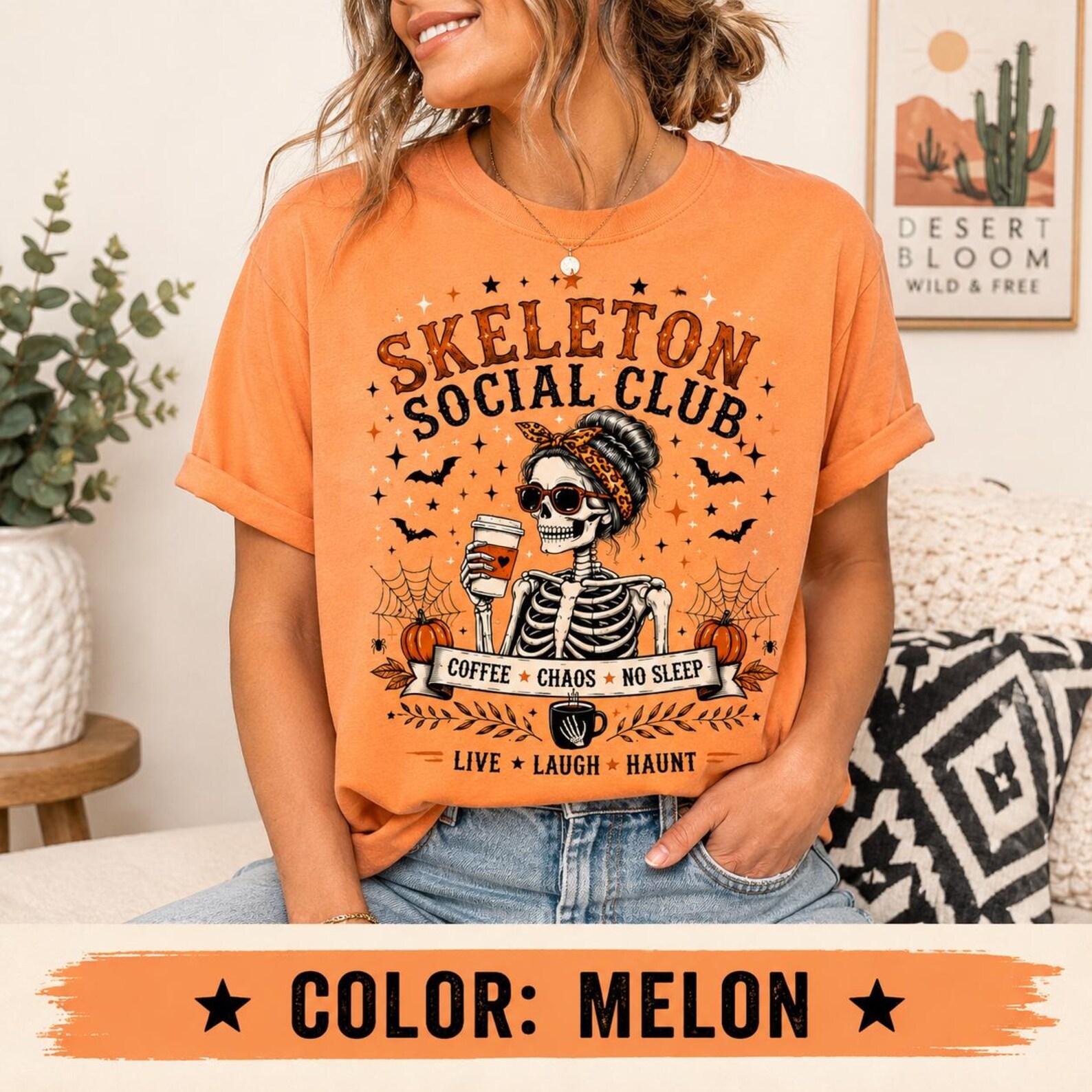 Skeleton Social Club Halloween Coffee Shirt, Spooky Season Skeleton Lover Tee S