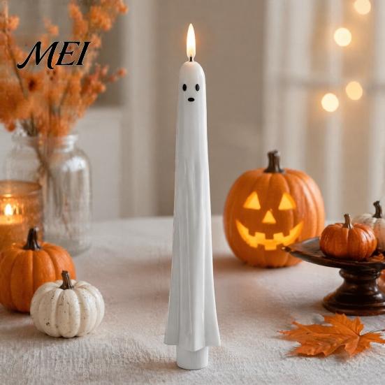 Décorations d'Halloween à piles Fantôme Bougies Coniques Sans Flamme, Lumière de Bougie Vacillante avec Veilleuses de Forme Unique Télécommande, Cire Véritable 3D