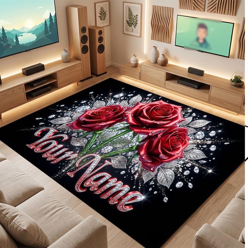 Floral Garden Theme Soft Crystal Velvet Rug Custom Name & Text Print Non Slip Floor Rug for Bedroom Living Room