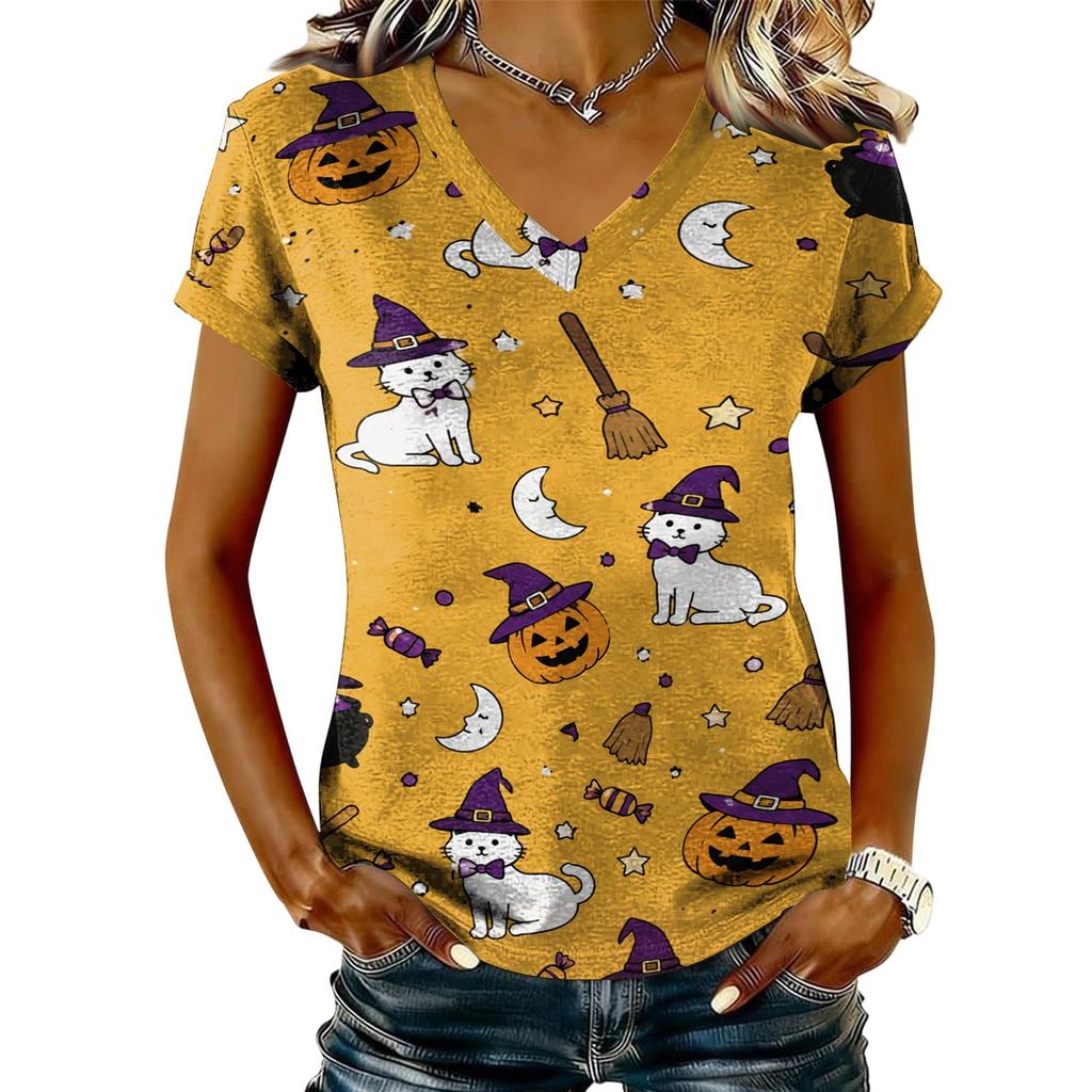 Women's V-Neck Short Sleeve Halloween Print T-Shirt Casual Pullover Top