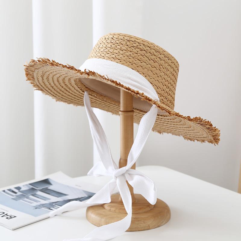 Hairy Woven Straw Hat Sun Hat Summer Flat Top Ribbon Tied Vacation Sun Hat Beach