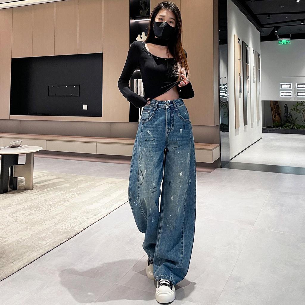 Women's Ink Splash Paint Graffiti Wide-Leg Jeans, 2026 Spring/Autumn High Street Style, Loose Straight-Leg Pants