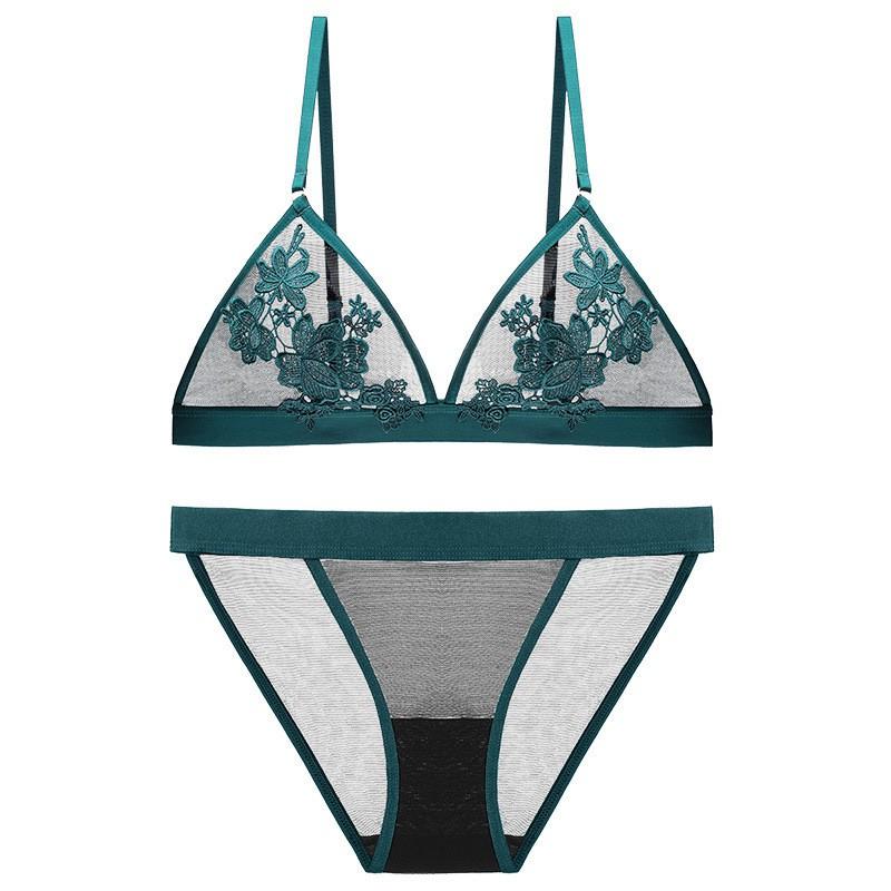 Lace Push-Up Bra Set Women Thin Triangle Cup Underwire-Free With Back Double Hook