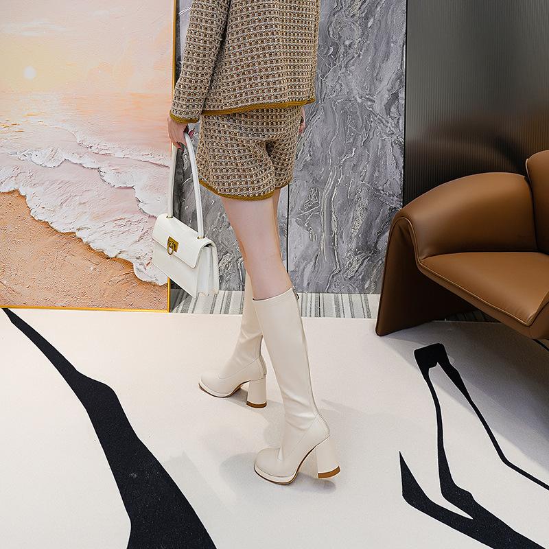 Versatile rear zipper high-heeled boots 2024 spring new square head waterproof table thick heel high knight boots women