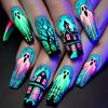24Pieces Halloween Coffin Fake Nail Blue Bat Pumpkin Design Durability Nail For Women Party Costume Accessories