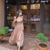 French Ruffle Leaf Edge Small Flying Sleeve Chiffon Dress Women's Spring and Summer New Korean Square Collar Temperament Pink Long Skirt
