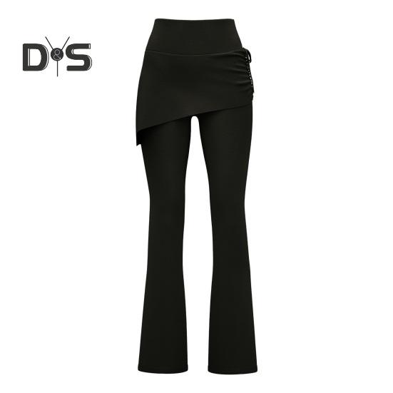 

Женские расклешенные штаны для йоги с высокой талией, имитация двух частей, завязывающаяся на шнурок, плиссированная юбка-бандаж, утягивающие брюки для бега и тренировок M чёрный