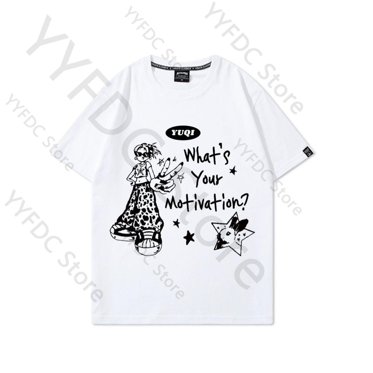 Gidle YUQI T Shirt Motivation Fashion Cartoon Letter Print Tshirt Kpop Idle Unisex Women Summer Cotton Short Sleeve Tee Tops S