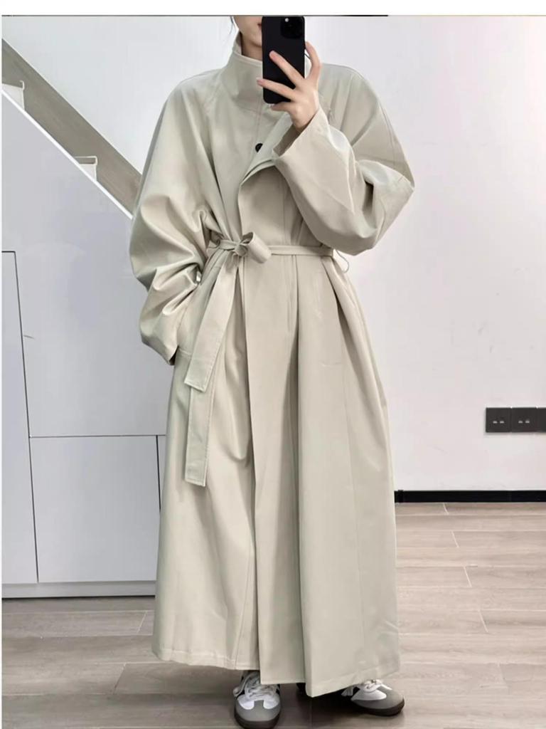 Women's Retro Style Mid-Length Cotton Trench Coat with Stand-Up Collar