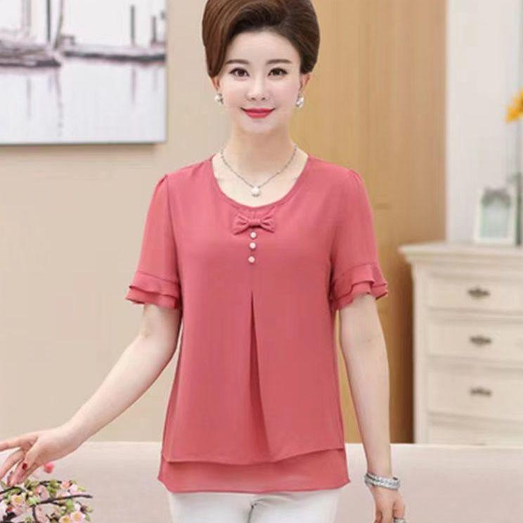Summer Middle-aged Women's Top Plus Size New Summer Women's Loose Short Sleeved T-shirt Chiffon Shirt