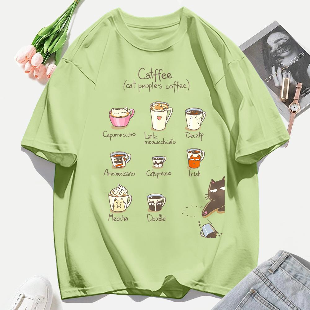 Cat People'S Coffee Illustration Printing T-Shirt Woman Summer Cotton T Shirts Y2K Soft Comfortable Top Unisex Hip Hop Clothes