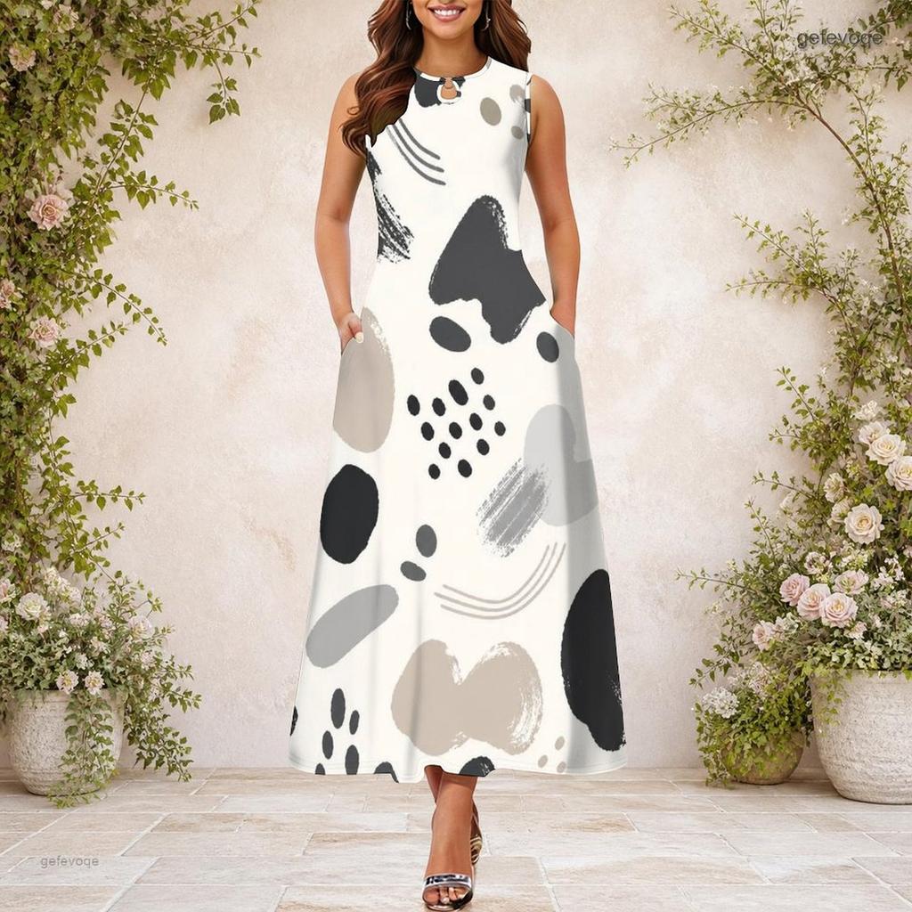 Women Plus Size Keyhole Neck Sleeveless Abstract Printed A Line Maxi Dress