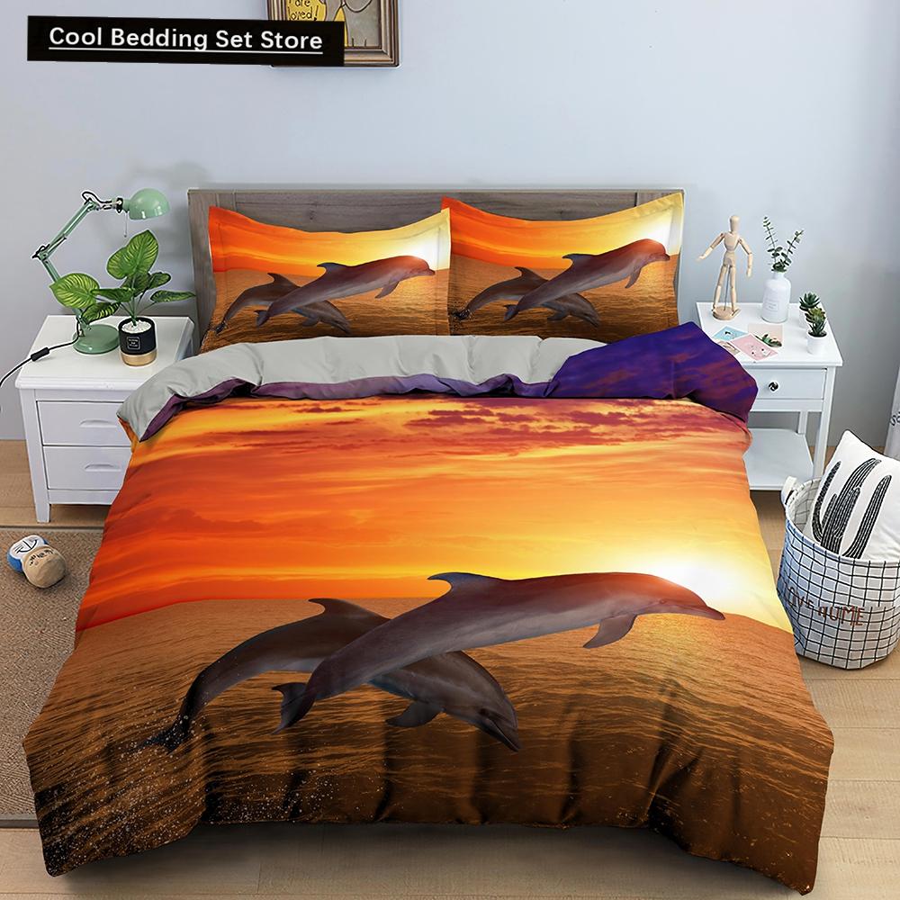 Ocean Dolphin Duvet Cover King Queen Size Cute Dolphin Jumping In The Blue Sea Bedding Set Children 3D Animal Sunset Quilt Cover