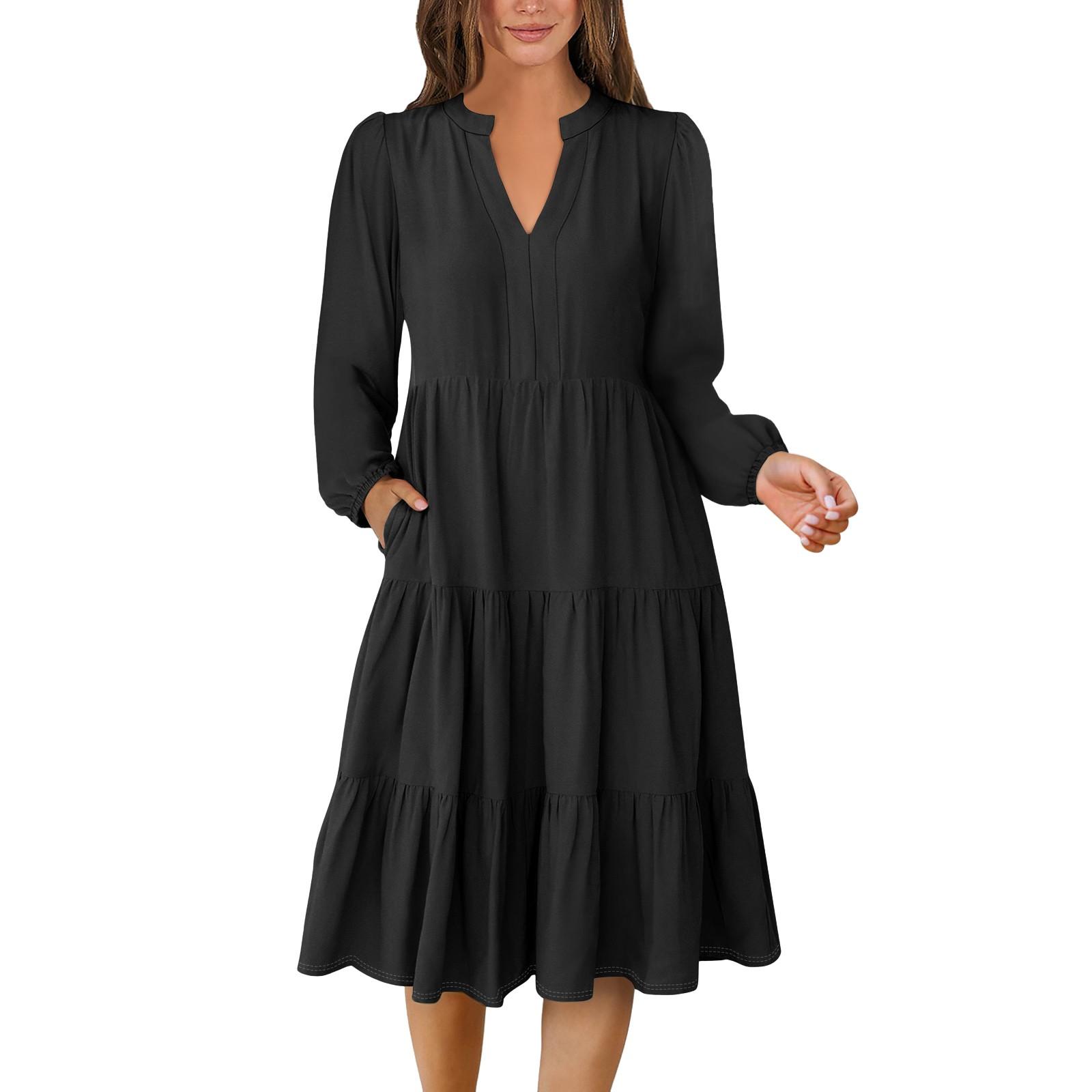 

Women s V-Neck Flowing Layered Bohemian Long-sleeved Solid Colour Dress L чорний