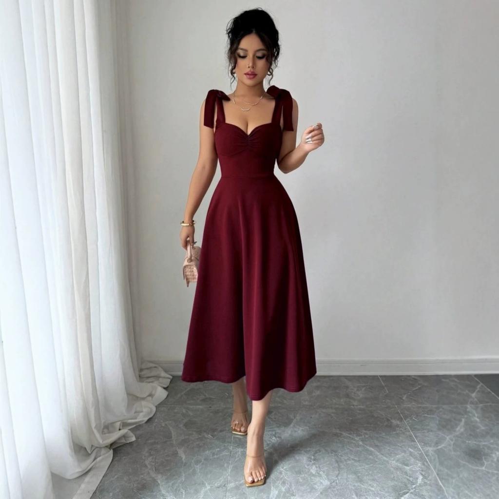 Europe, America 2026 Summer New Temperament Fashionable and Elegant Solid Color Strap Dress Long Dress Dress