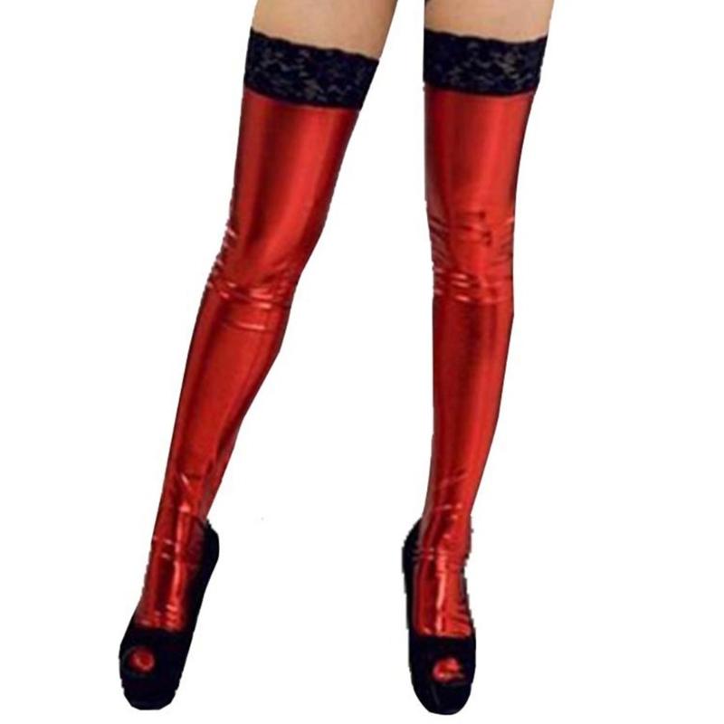 Sexy Stockings Women Faux-Leather Leggings Tights Socks Night Party Costume Lace Top Over Knee Thigh High Socks Clubwear